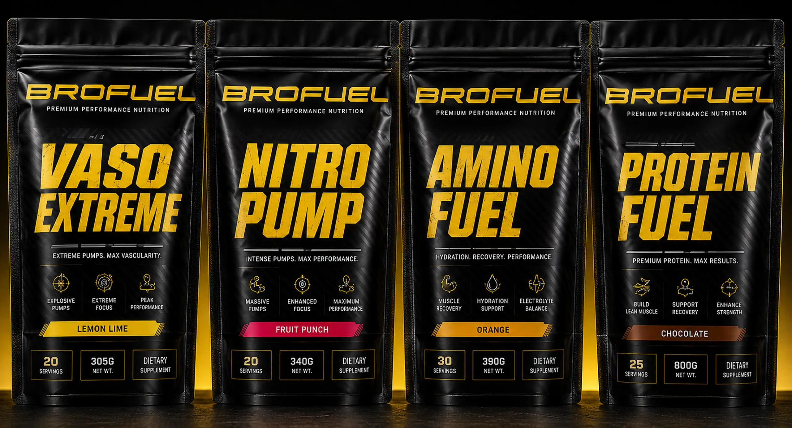 Four BROFUEL performance supplement pouches: Vaso Extreme, Nitro Pump, Amino Fuel, and Protein Fuel